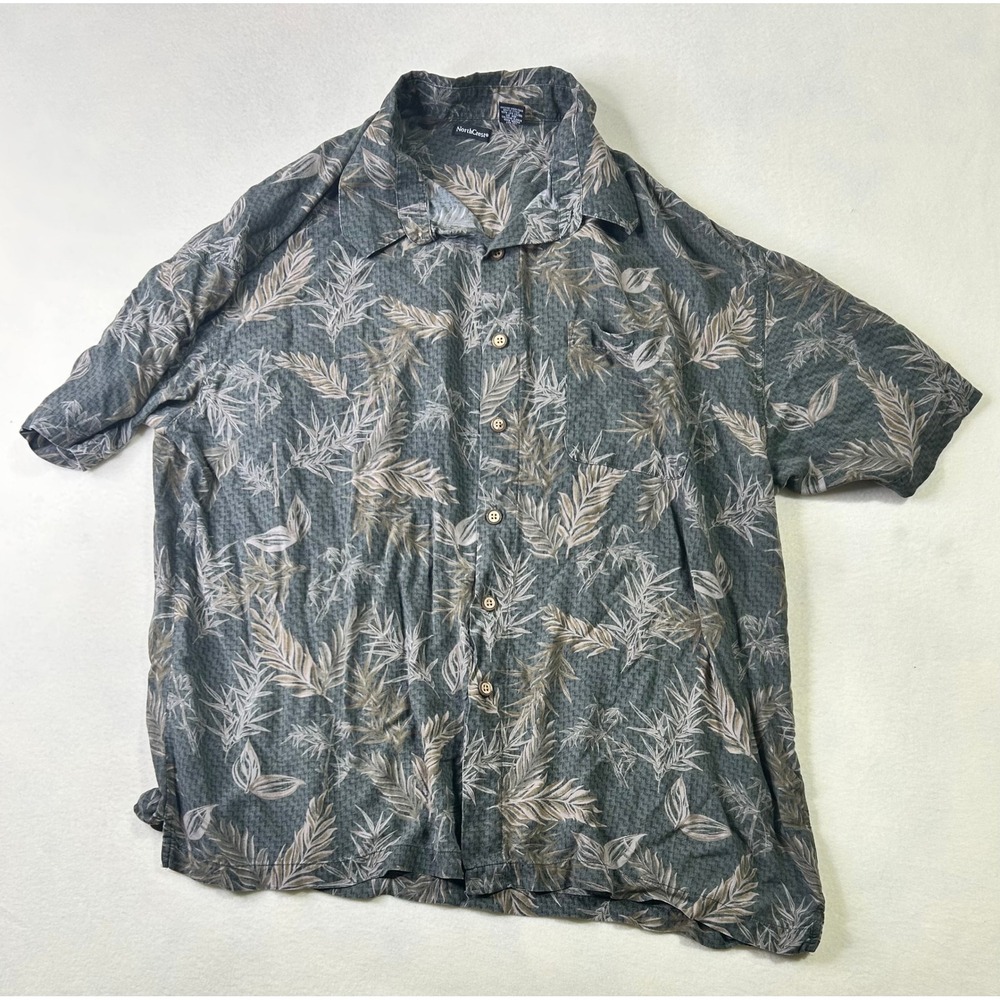 NorthCrest Mens XXL Rayon Tropical Leaf Print Short Sleeve Button Down Shirt